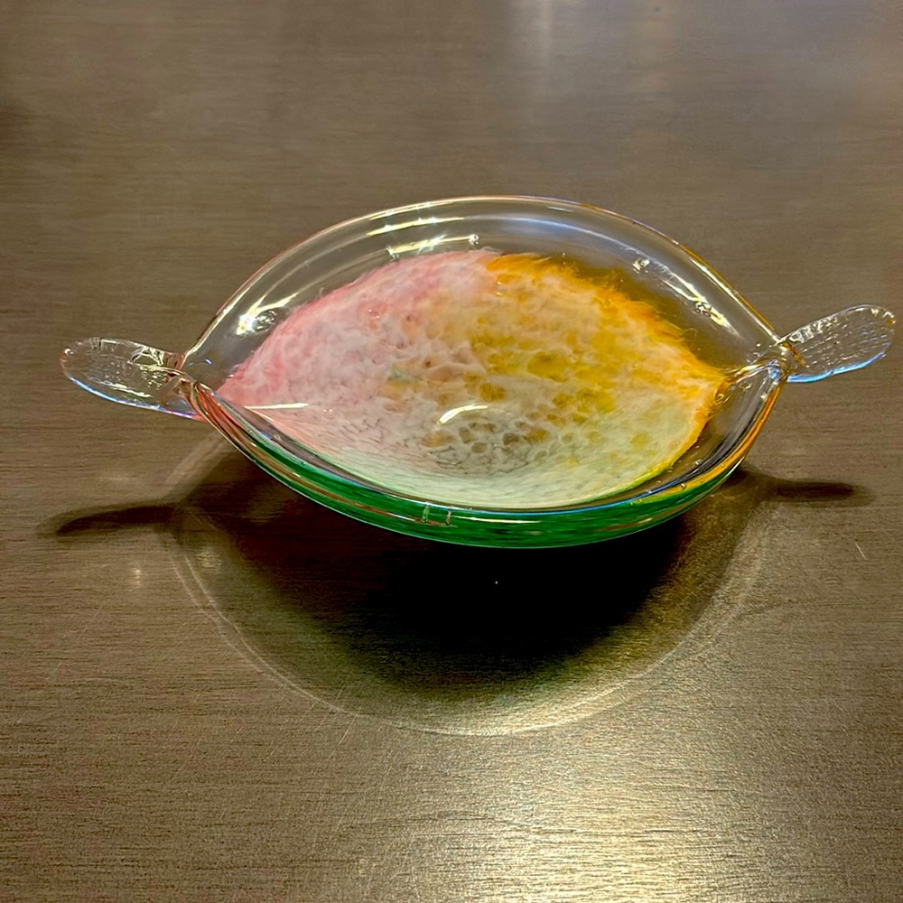 Vintage Studio Art Glass Bowl Pastel Swirl Clear Glass Pinched Thumb Handles
